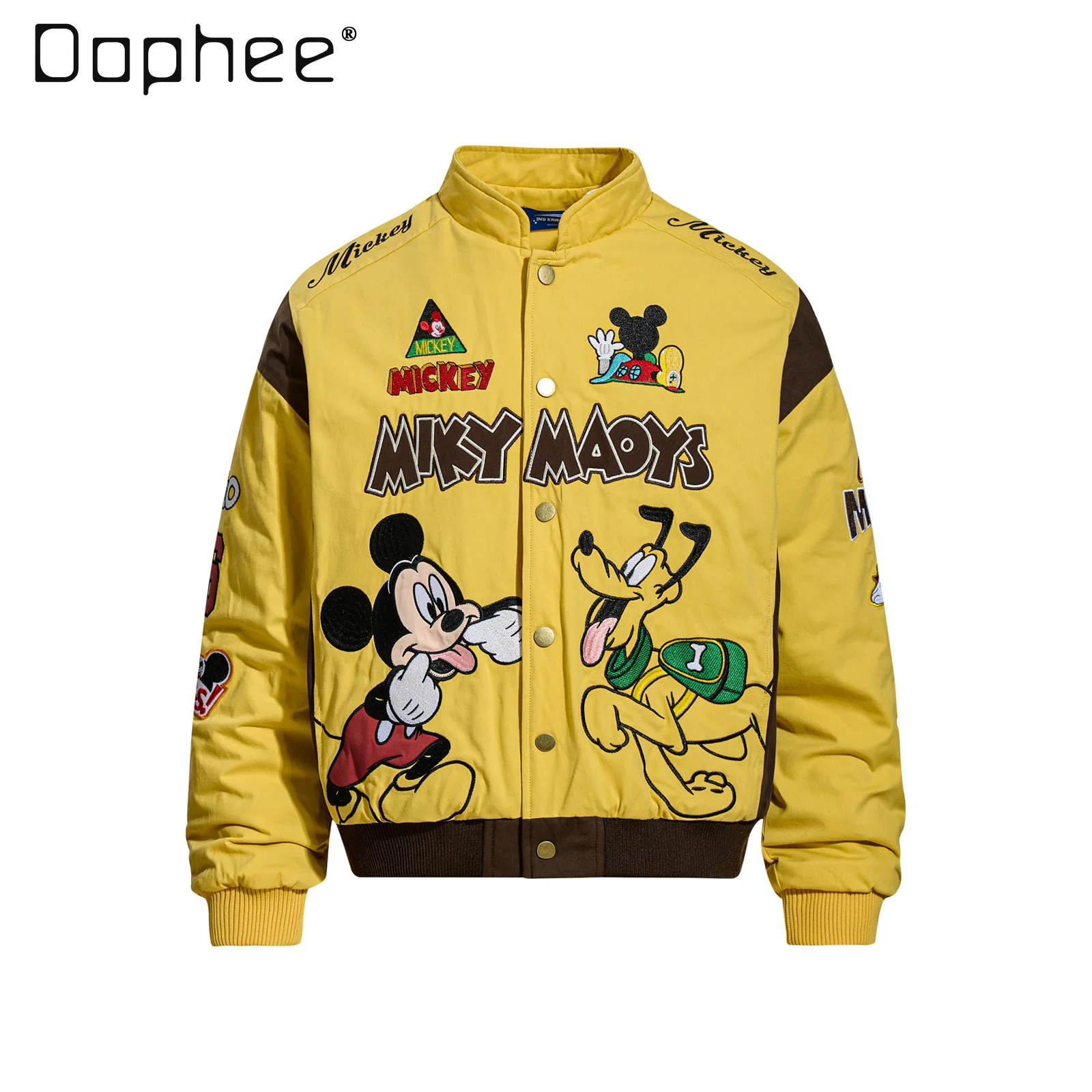 

American Retro Cartoon Embroidery Patchwork Stand Collar Thickened Jacket for Men and Women Winter Loose Casual Warm Cotton Coat