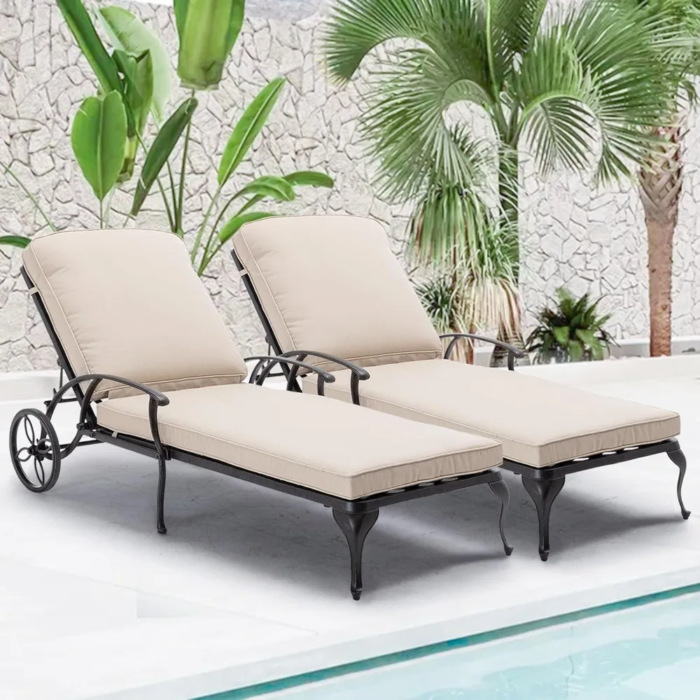 

Chaise Lounge Chair Outdoor - Poolside Chairs Set of 2 with Cushion Cast Aluminum Waterproof Lounger with Wheels and Adj
