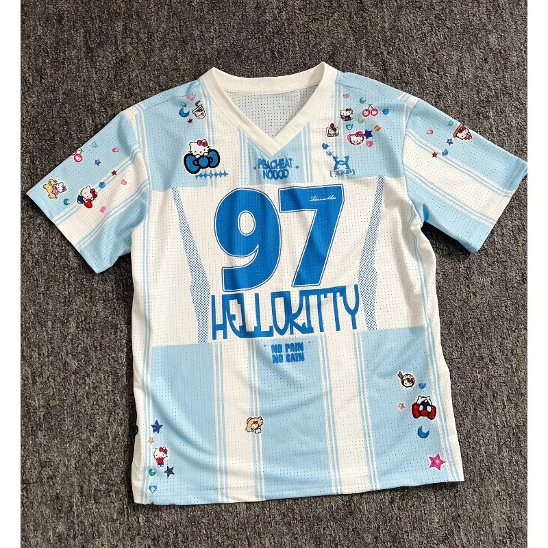 Summer Kawaii Hello Kitty #97 All Over Mini Print Oversized Mesh Jersey Y2K Streetwear Breathable Short Sleeve Sports Tee Tops