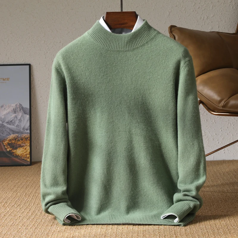 Men's padded semi-high collar 100% pure wool autumn and winter new leisure high-end soft waxy bottoming knitted sweater.