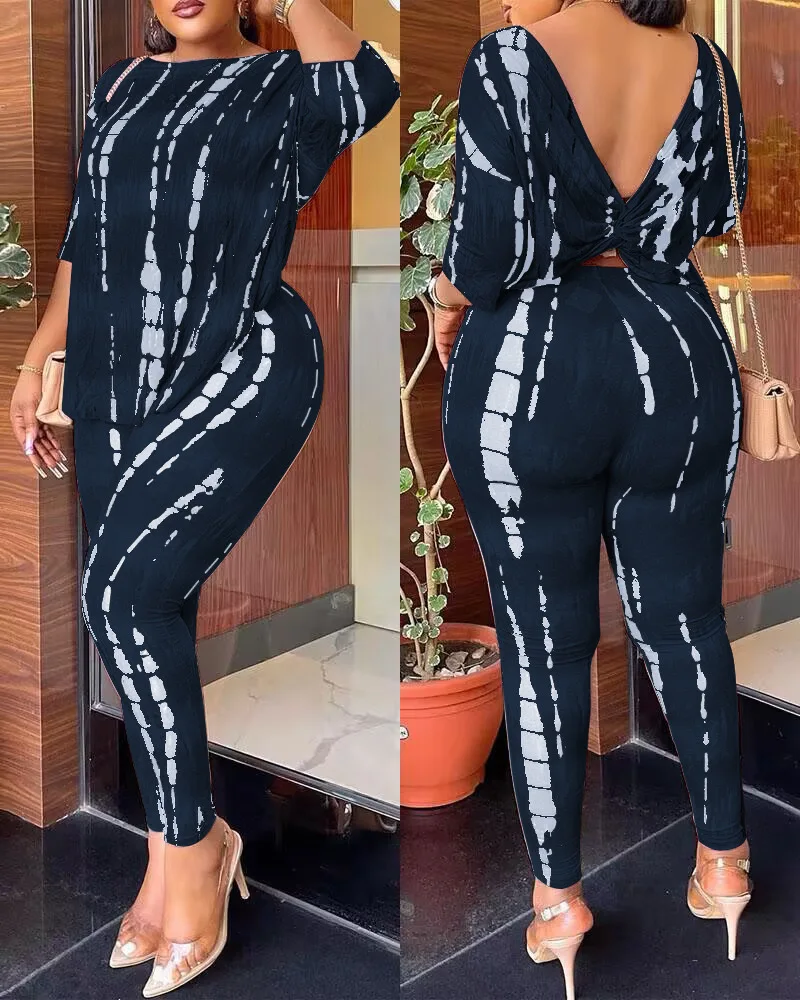 

Sexy Slim Print Suit For Women Elegant Half Sleeved Backless Top Hip Covering Nine Point Pants Two Piece Set 2024 Autumn New