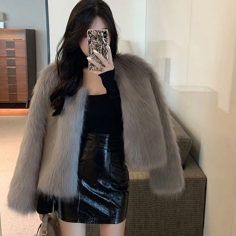 Lucyever Korean Fashion Faux Fox Fur Coat Ladies Luxury Short Imitation Fur Jackets Women High Quality Cardigan Plush Outerweart