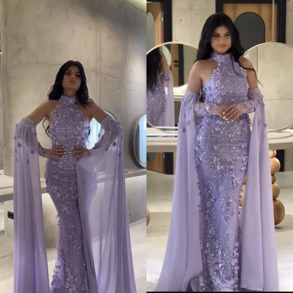 

Alinovia Elegant Lace 3D Flower Evening Dress for Women with Gloves 2025 Dubai Halter Long Formal Prom Wedding Gown Customized
