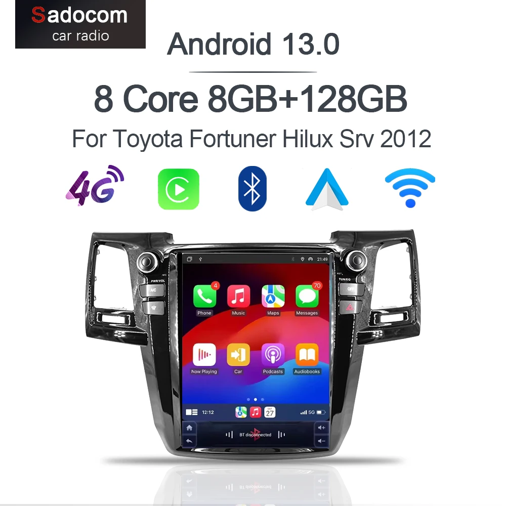 Carplay 12,1 "Android 13,0 multimedia 8GB + 128GB reproductor de coche GPS WIFI Radio navegación para Toyota Fortuner Hilux Srv 2005-2014