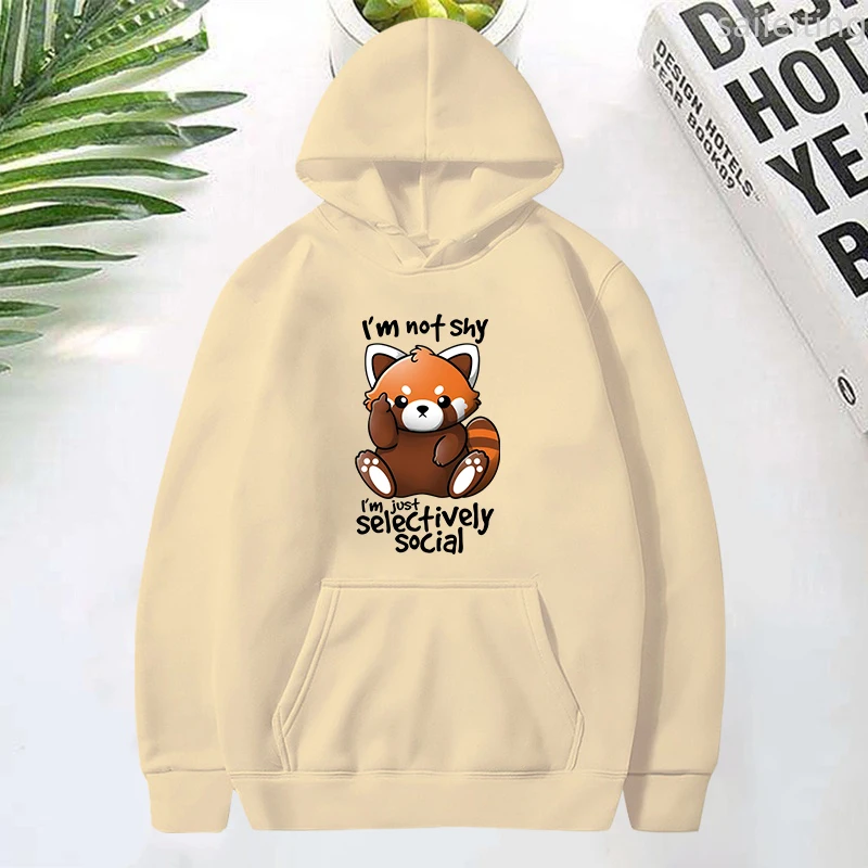 Panda I'M Not Shy I'M Just Selectively Social Printed Kangaroo Pocket Hoodie Women Winter Clothes Aesthetic Clothes