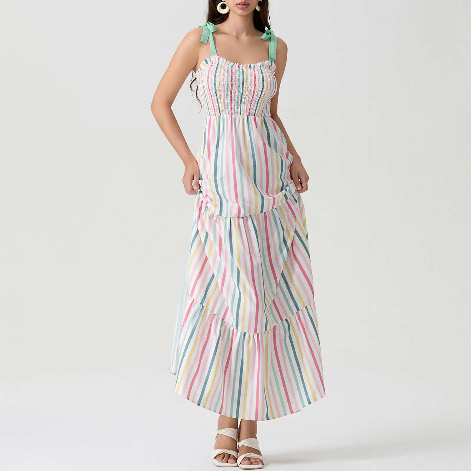 Women Tie Spaghetti Strap Dress Stripe Print V-Neck Shirred Detail Long Flowy Dress for Beach