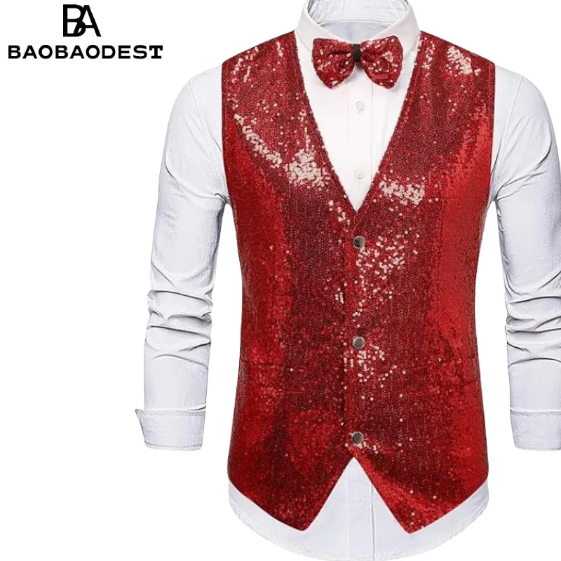 

Men's Glitter Vest & Bow Tie Set - Shiny Sequins Formal Waistcoat, V-Neck Party Blazer, Elegant Wedding Costume, Groom Tuxedo Ve