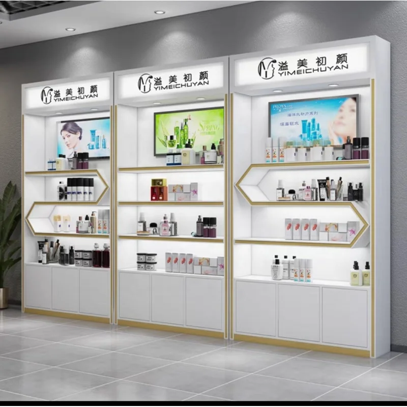 Mueble de tienda de perfumes moderno personalizado, vitrina de exhibición de cosméticos, armario de pared con caja de luz
