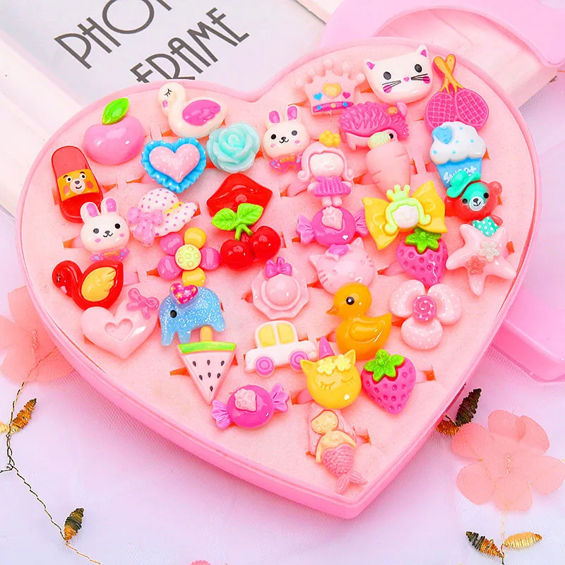 36pcs Little Girl Adjustable Rings in Box Kids Jewelry Rings Set with Heart Shape Display Case Girl Pretend Play and Dress up