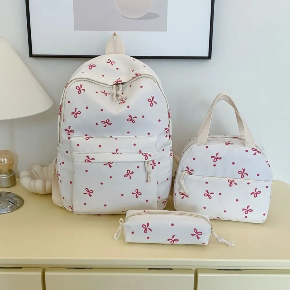 Daypack Three-piece School Bag Set with Pen Bag Handbag Nylon Bow Backpack Contrast Color Scratch Prevention Students School Bag