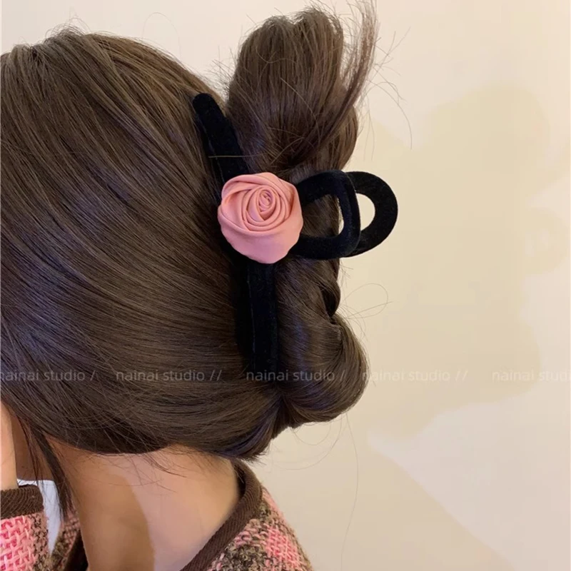 Black Velvet Headwear Versatile Large Size Grab Clip Camellia Hair Clip And Hair Ropes Fashion Set Hair Accessories Wholesale