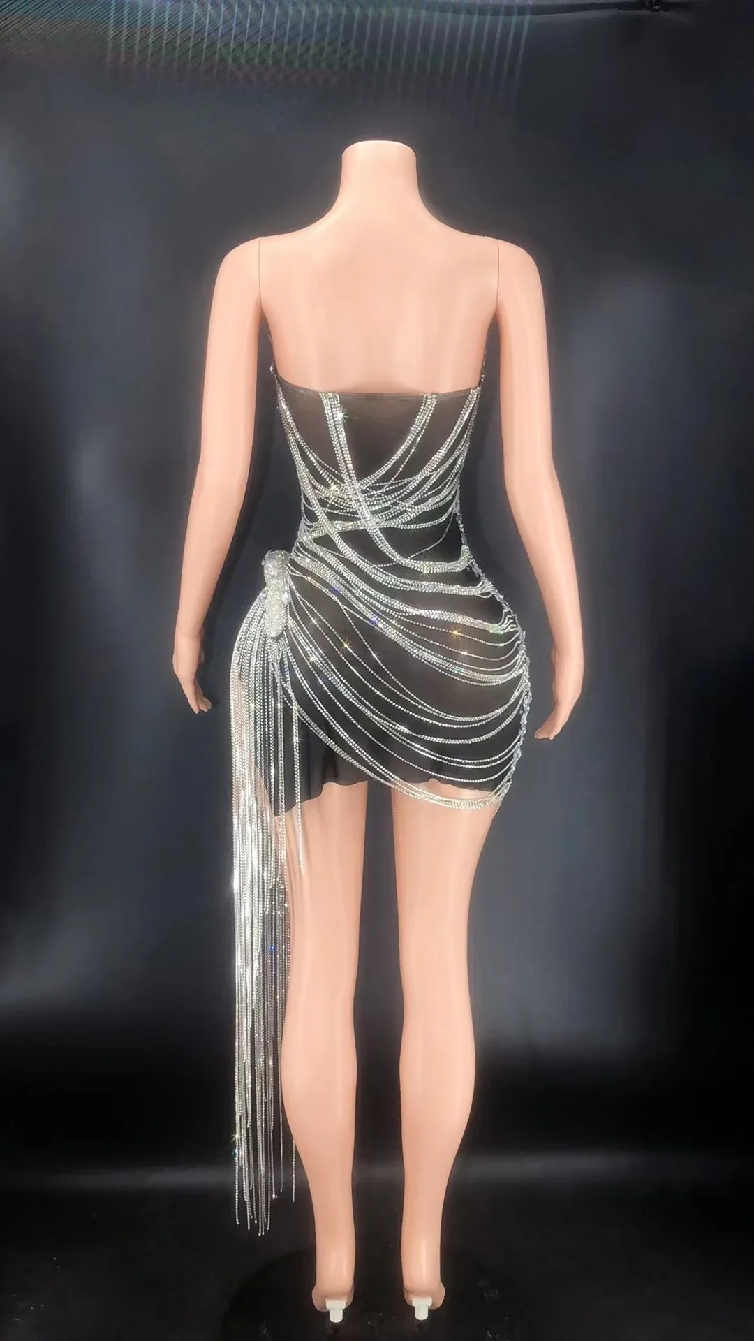 하이 퀄리티 빛나는 다이아몬드 긴 술, 우아한 이브닝 파티 원피스, 섹시한 스트랩리스 민소매 미니 원피스