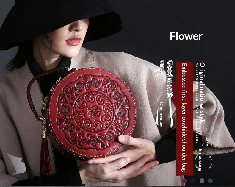 Genuine leather bag, artistic and Chinese style women's shoulder bag, crossbody bag, cylindrical handbag, Daifei bag