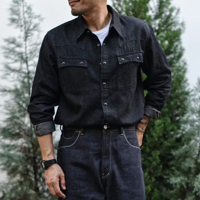 Sauce Zhan Men's Vintage Black Cotton Linen Western Cowboy Shirt Autumn Casual Long Sleeve Workwear Shirt