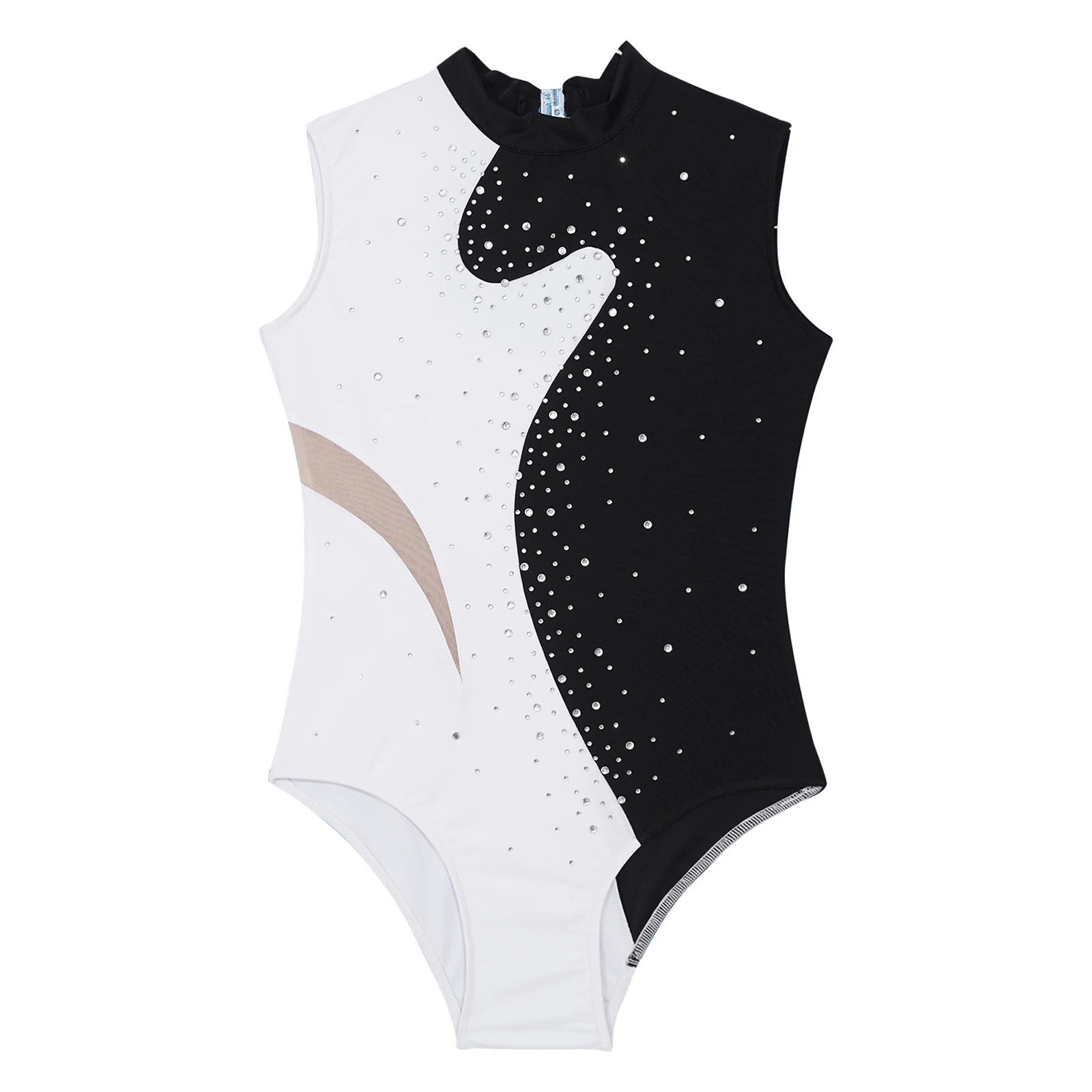 Kids Girls Ballet Dance Gymnastics Leotard Sleeveless Sparkling Rhinestones Color Block Patchwork Bodysuit for Figure Skating