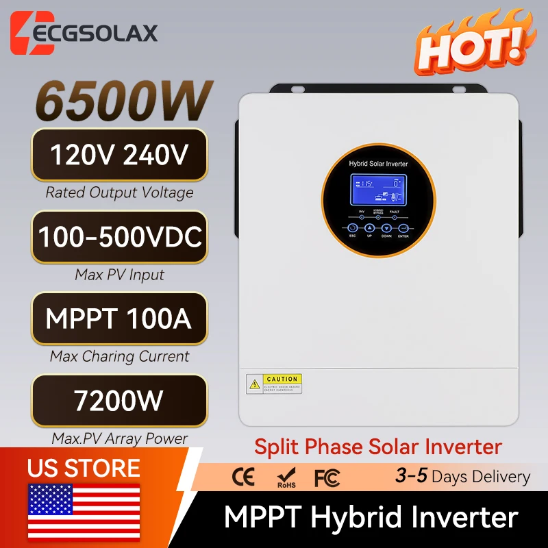 ECGSOLAX 6.5KW Split-Phase Solar Inverter 120V 240V Pure Sine Wave MPPT 48V Hybrid Solar Inverter 100A MPPT Off-Grid Inverter