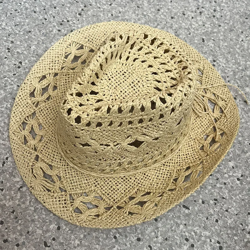 Straw Western Cowboy Hat for Women Men Classic Vintage Hollow Out Unisex Curled Wide Brim Sun Hat Fishing Hat Climbing Cap image 3
