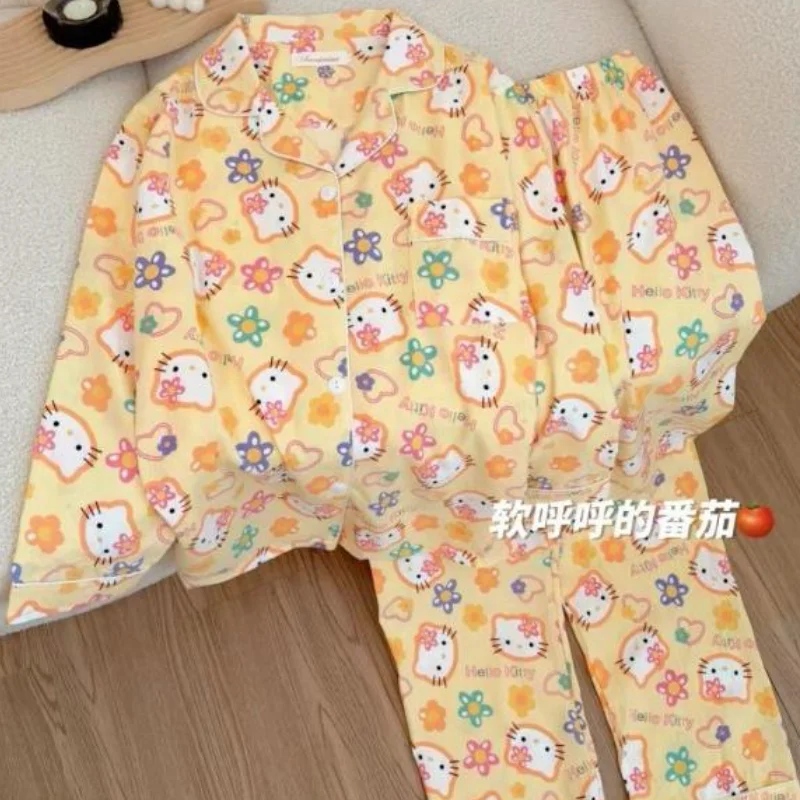 

Комплект пижам Sanrio Hello Kitty, тонкая женская домашняя одежда с мультяшным рисунком, милый цветочный принт, корейский стиль, сезонная новинка, пижама с длинными рукавами и длинными брюками