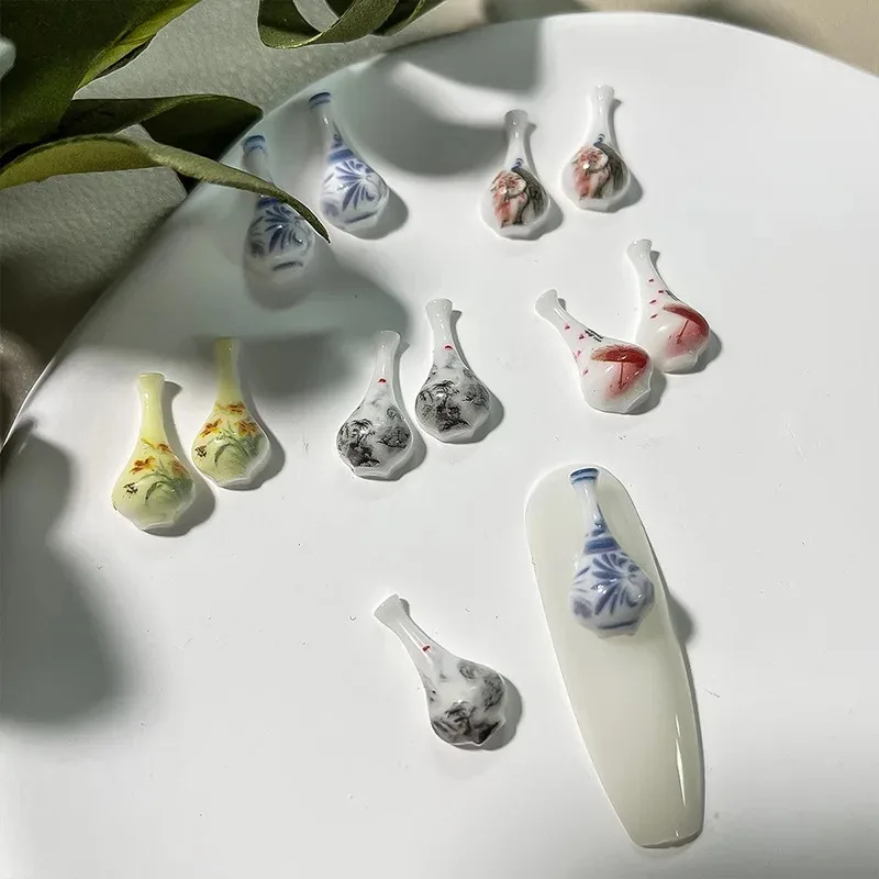 10pcs Chinese Style Flower Vase Nail Charms Manicure Decoration Material Multi Style Nail Art Design DIY Hand Makeup Accessory