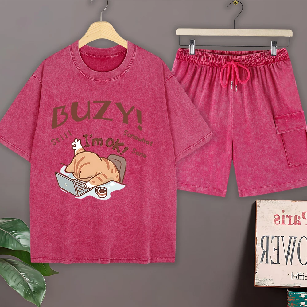 Creative Knife Cat Cotton Washed T-Shirts Set Mens Street Short Sleeve Tops Cargo Shorts O-Neck Oversized T Shirt Summer Clothes