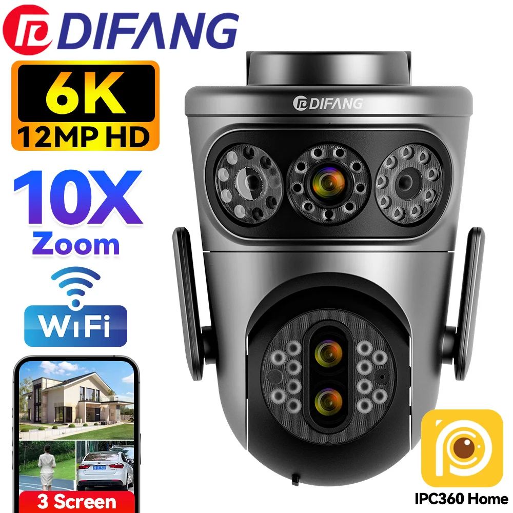 12MP 6K PTZ Wifi Camera Three Lens With Three Screen 10X Zoom Human Detect Auto Tracking 2K Wireless Outdoor Surveillance Camera