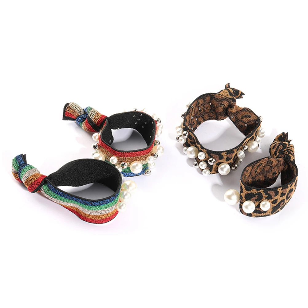 

2 Pcs Leopard Print Rainbow Hair Circle Fashionable Bands Pearl Hairband for Women Rope Beading Easy to Match Eye-catching Ties