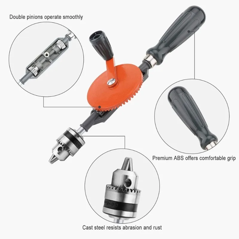 1/4 And 3/8 Inch Multi-function Hand Crank Manual Drilling Wood-plastic Double Gear Wood Puncher Clamping Range 0.6-10 MM