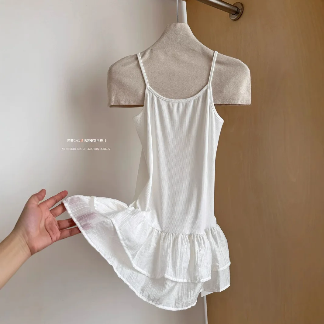 White Camisole Top for Women with Ruffle Double-layer Skirt Women Sleeveless Tank Top Splicing Slimming Strapless Base Vest Tee image 4