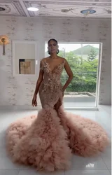 Light Pink Rhinestone Prom Dresses Glitter Beaded Feather Hem Cocktail Dresses New Light Luxury Party Dresses for Black Girls