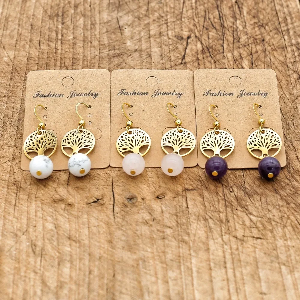 

Серьги «Древо жизни» из нержавеющей стали с аметистом и розовым кварцем для женщин, висячие серьги-капли, модные украшения