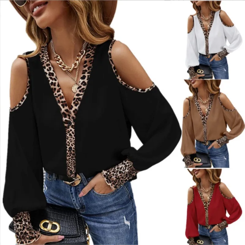 

Women's Sexy Loose Leopard border Blouse 2024 New Blouse Top Women's Fashion Flared Sleeves Off Shoulder Long sleeves Shirt