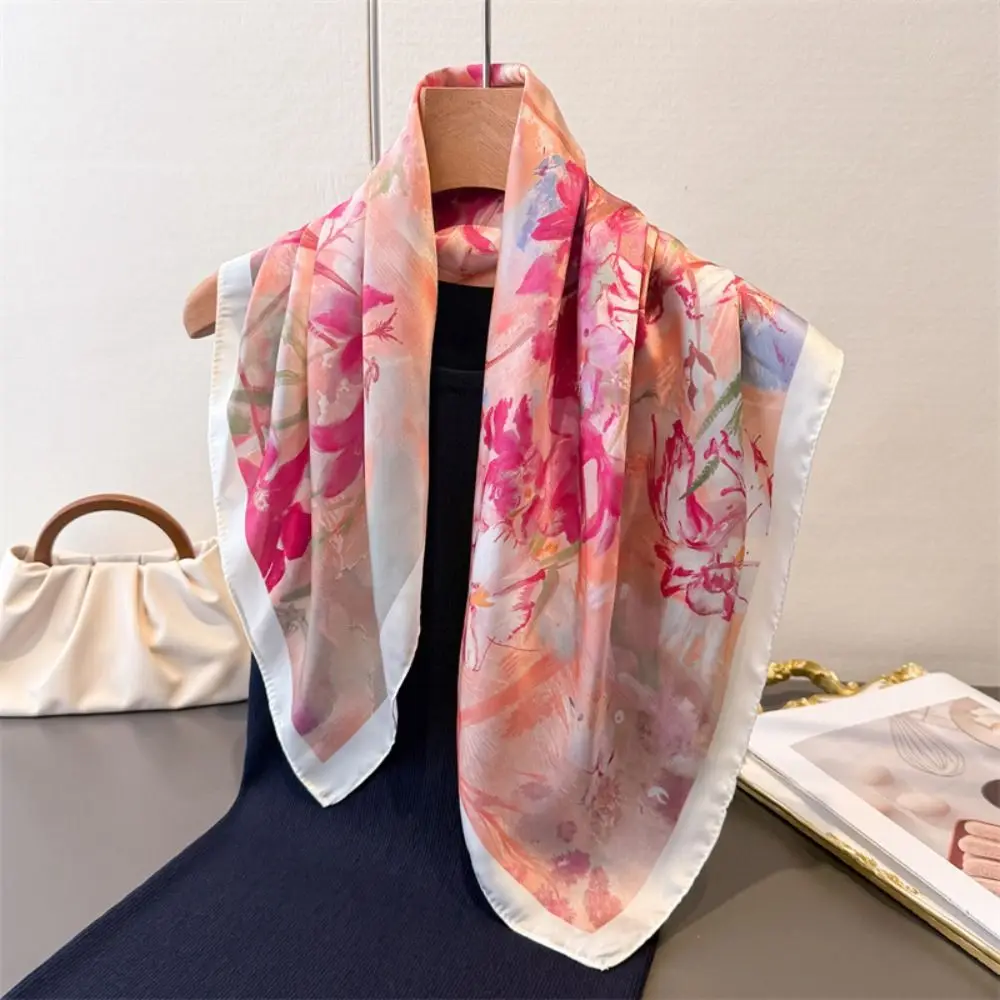 Floral pattern Women Head Scarf Silk Material Satin Fabric Printed Square Scarf Polyester Square Shape Silk Scarf