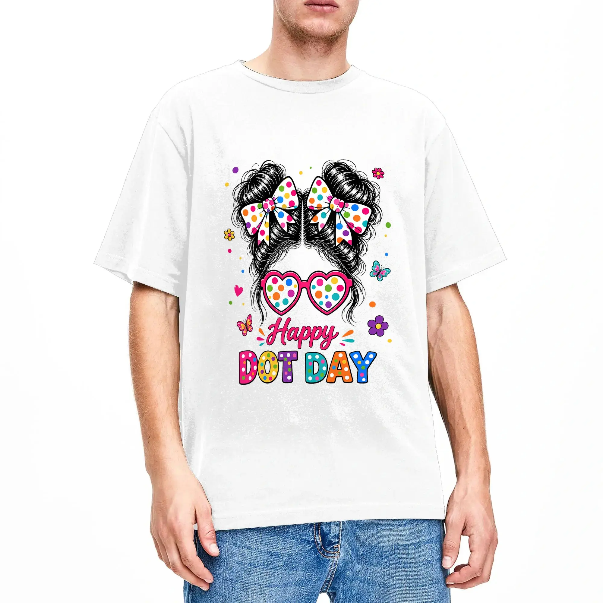 Men's Happy Dot Cute Messy Bun Colorful Polka Dot T Shirts Cotton Top Tees Summer Short Sleeve T Shirt Hip Hop Casual Tshirt