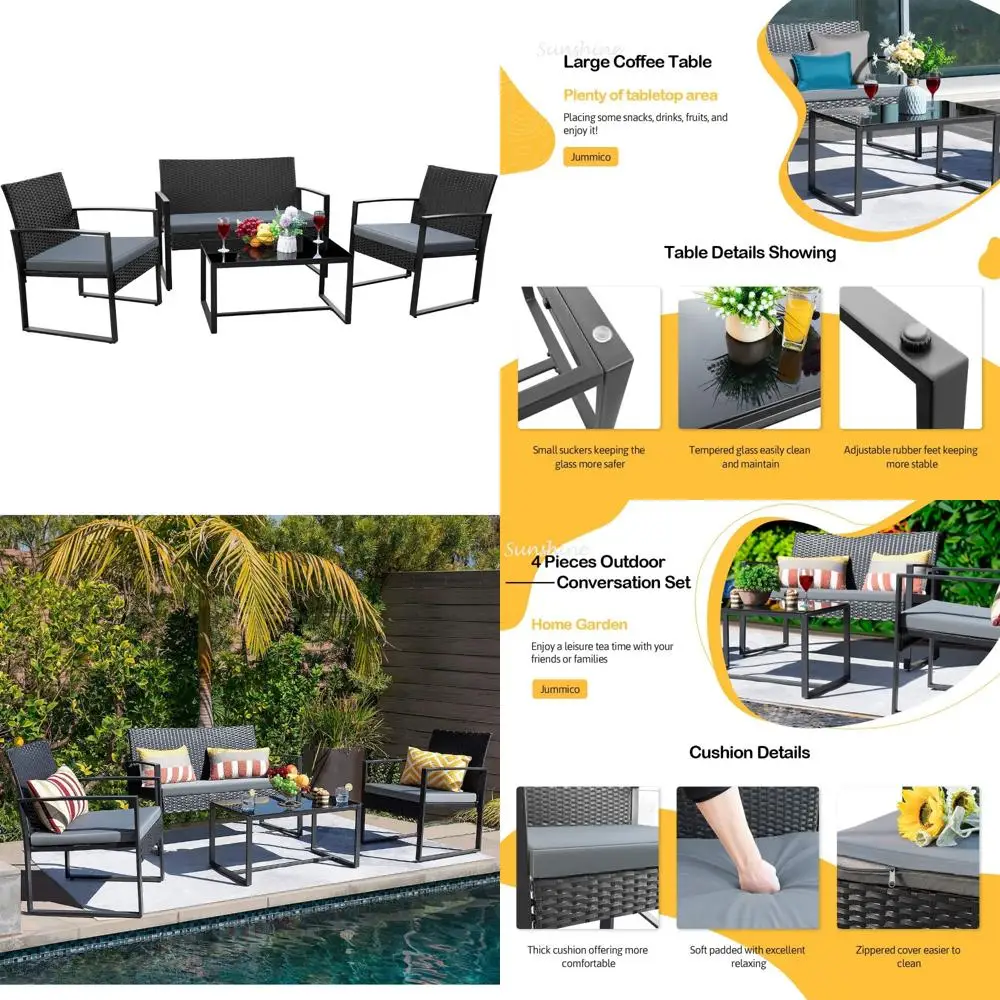 

4-Piece Outdoor Rattan Patio Set with Cushions and Metal Table - Modern Bistro Furniture for Garden Conversation