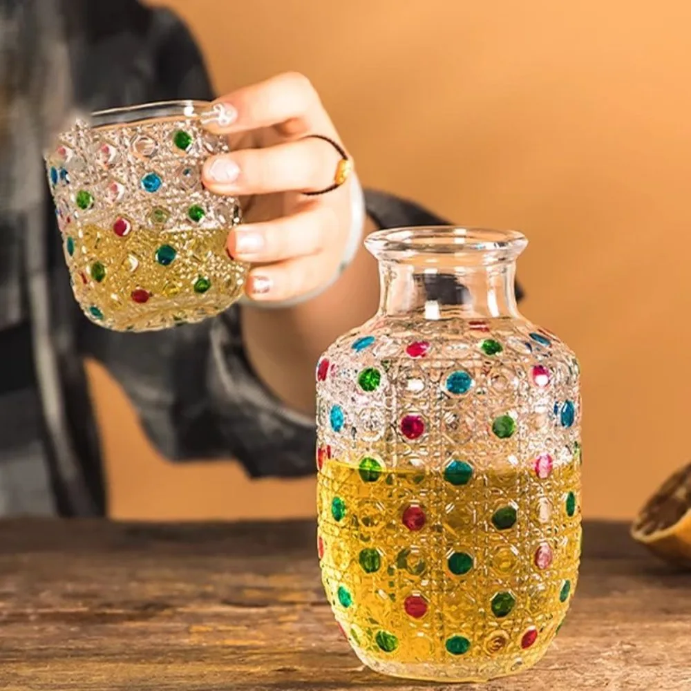 1 Pot 1 Cup Retro Contrasting Color Relief Single Cup Teacup Glass Kettle Cold Drink Household Juice Bottle Mixed Wine Cup