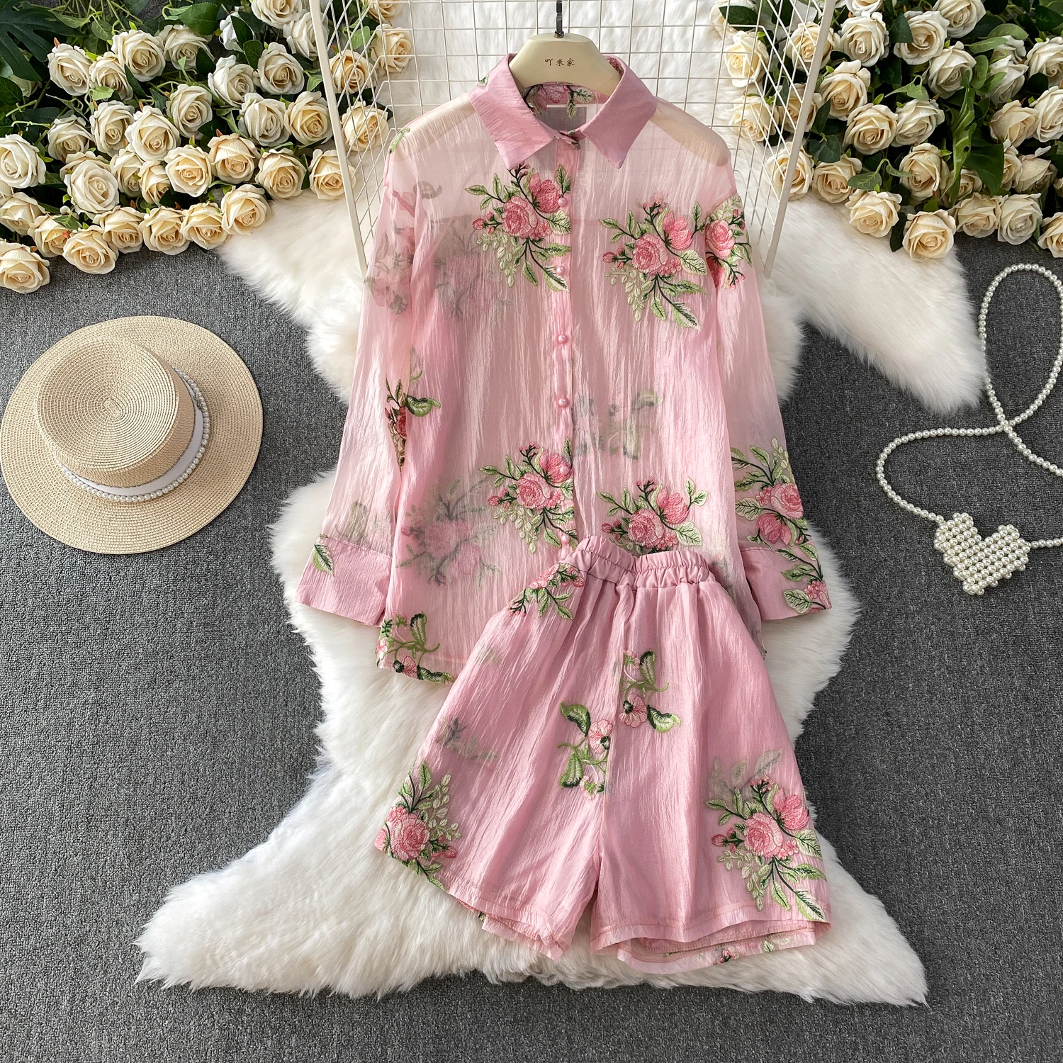 Elegant Women Summer Shorts Sets Embroidery Floral Print Lapel Collar Full Sleeve Sunscreen Shirt+Elastic Waist Wide Leg Shorts