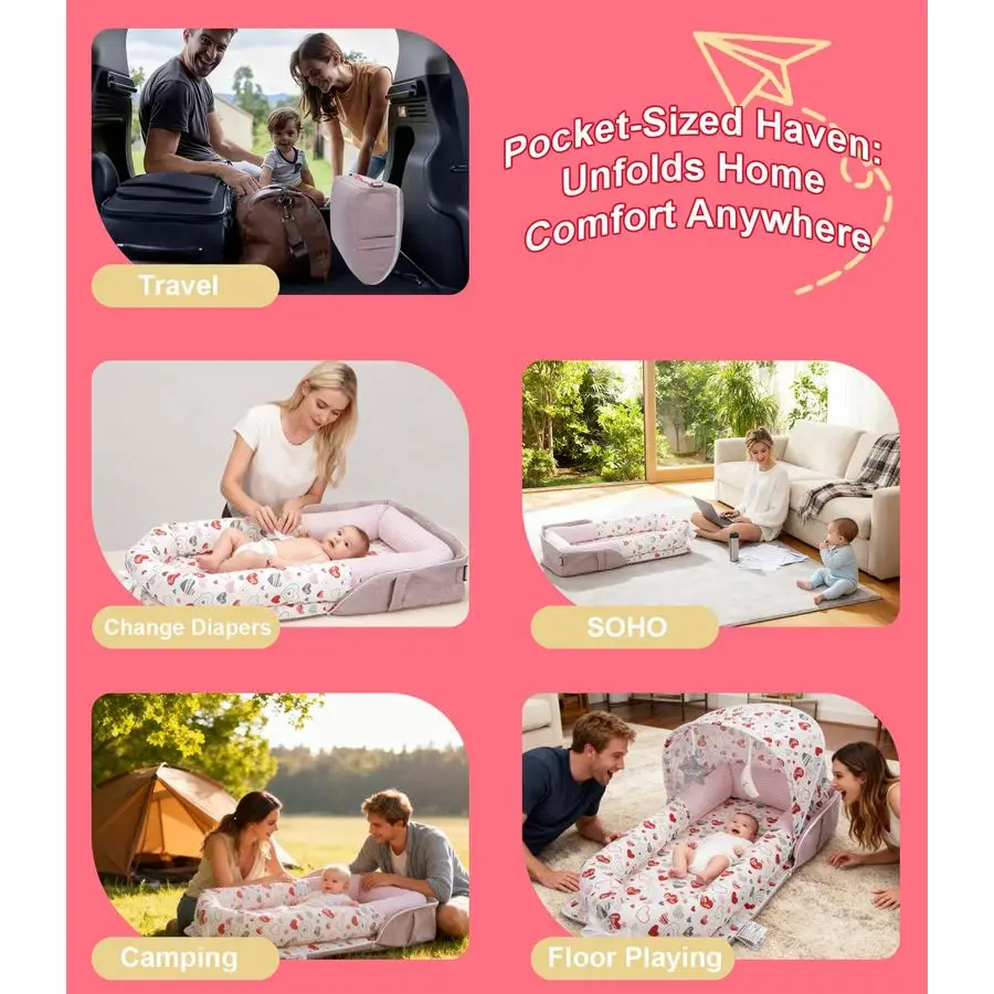 كرسي استرخاء، كرسي سفر محمول قابل للطي لحديثي الولادة 012 شهرًا، عش خفيف الوزن قابل للغسل مع مظلة، ناعم ومسامي B #6