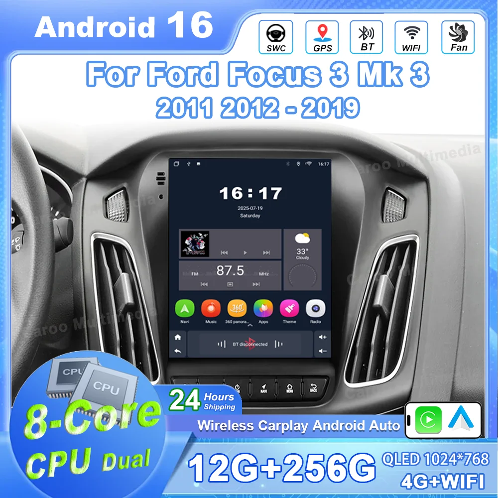 Android 15 For Ford Focus 3 Mk 3 2011 2012 - 2019 Car Radio Stereo Multimedia Video Player GPS Navigation 5G wifi QLED Screen 4G