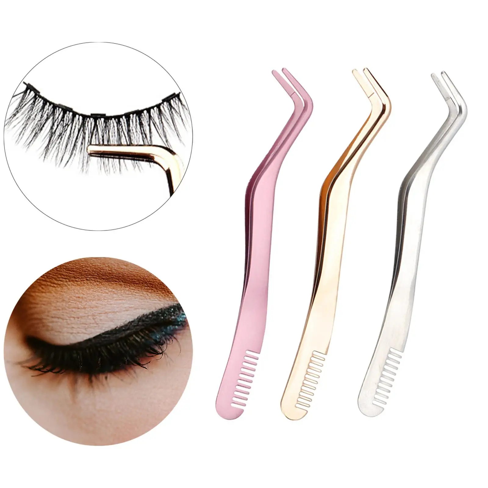 2 in 1 Curved Lashes Eyelash Tweezers with Eyebrow Comb False Eyelash Tool False Lash Extension Tweezers for Makeup Artist Home