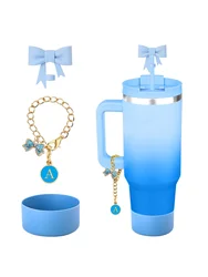 3Pcs Silicone Cups Accessories,Bow Silicone Straw Lid Cover,A-Z Name ID Letter handle,Shining Brightly Cup Sleeve-Blue