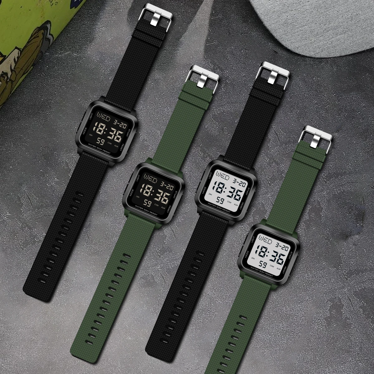 학생 스포츠 시계 남자 디지털 시계 알람 시계 크로노 그래프 시계 3Bar 방수 군사 남자 시계 LED 전자 시계