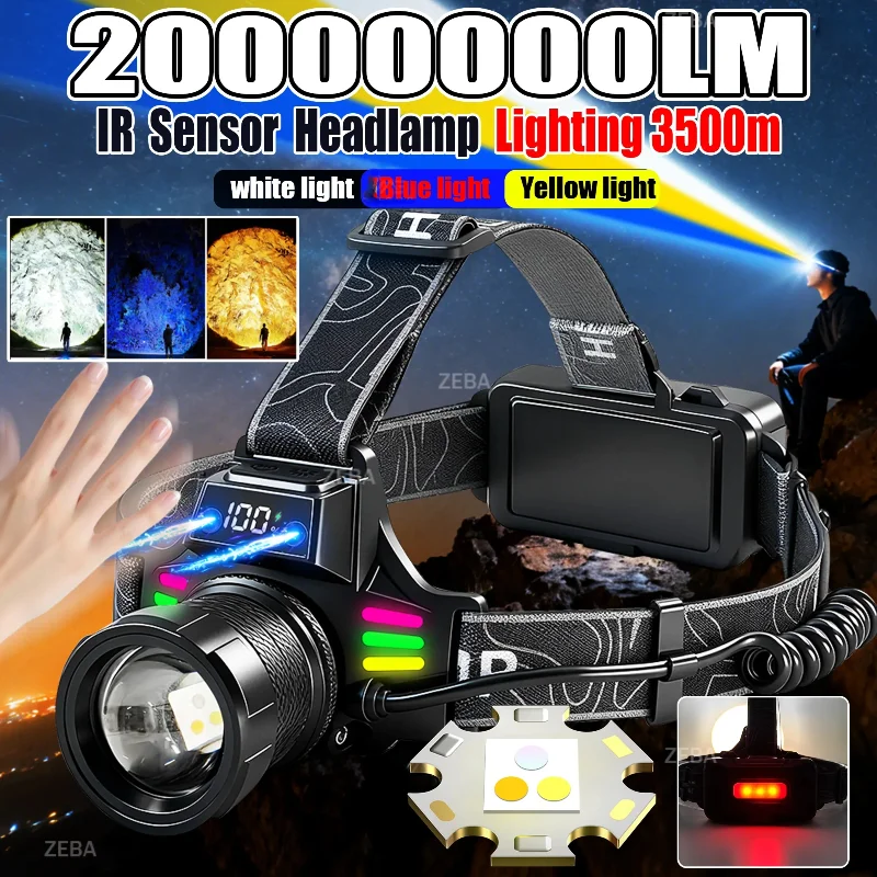 

Перезаряжаемый светодиодный налобный фонарь 20000000LM, мощный фонарик 18650, кемпинговый фонарь, уличное оборудование, налобный фонарь-прожектор