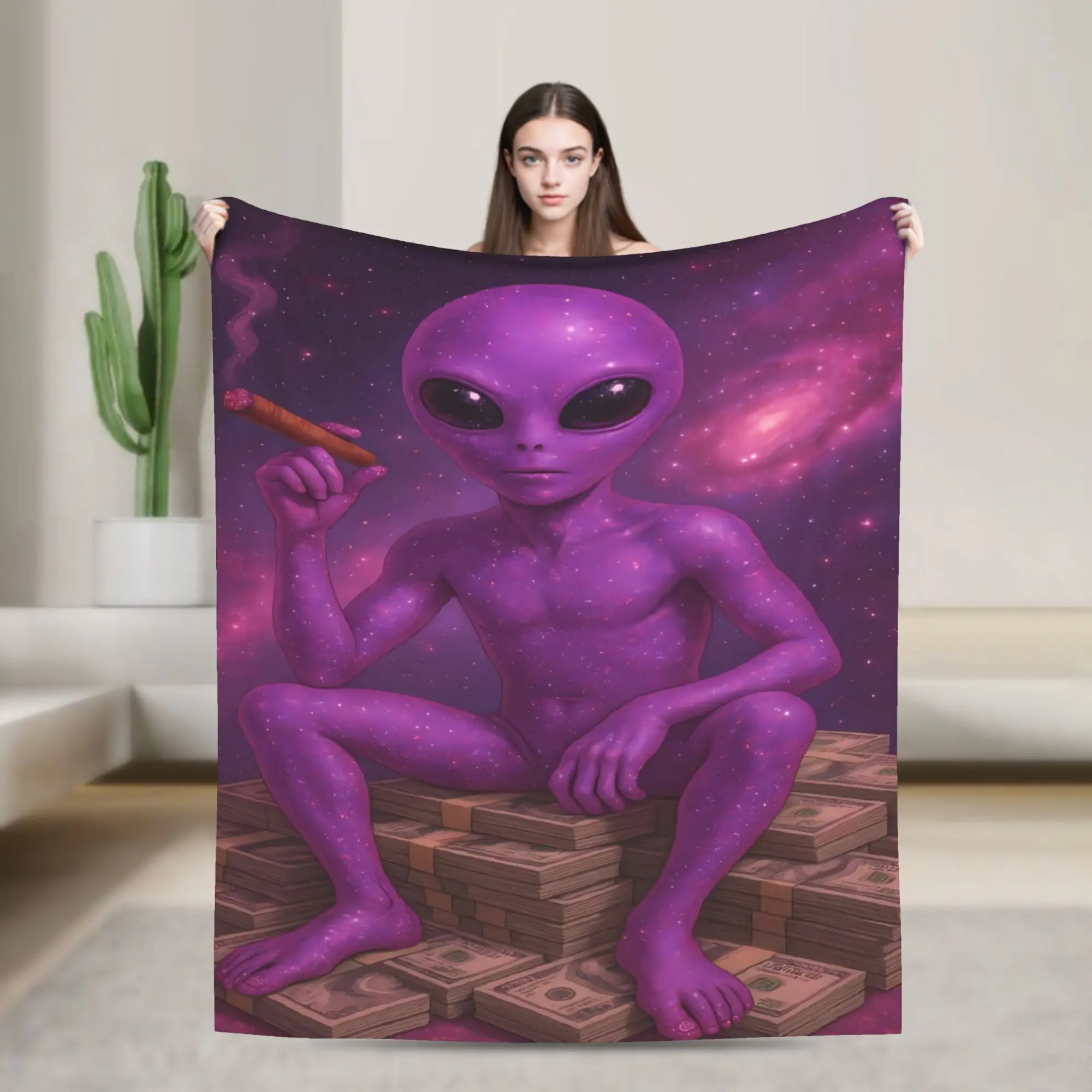 Warm Soft Throw Blanket Purple Sparkly Alien Sitting On Stacked Cash Smoking Cigar Galaxy Blanket Flannel Bedspread