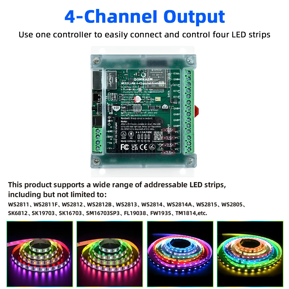 DOMRAEM 4-Kanal ESP32 Ethernet WLED-Controller für DIN-Schienenmontage, 30A 4x7,5A Unabhängige Sicherungen, WiFi Musik-Sync WS2811/12 RGBIC Streifen DIY – Detail 6