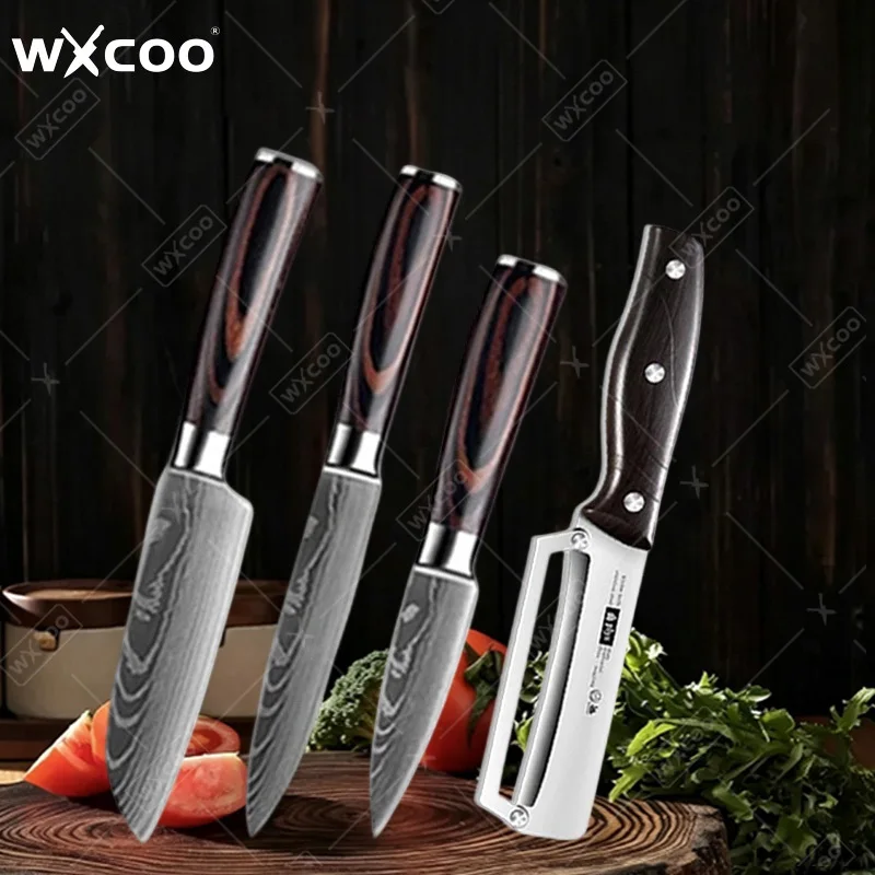 WXCOO 1-4pcs Kitchen Knife Set Household Stainless Steel Fruit Peeler Slicer Santoku Knife Sugarcane Utility Knife