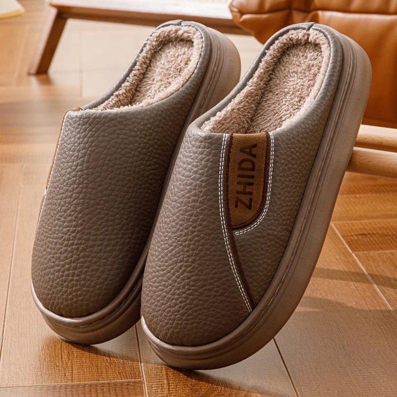 Men's Big Size 40-49 Winter Warm Cotton Slippers Fashion Pu Leather Fleece Lined Thick Sole Shoes Male Outdoor Non Slip Slippers