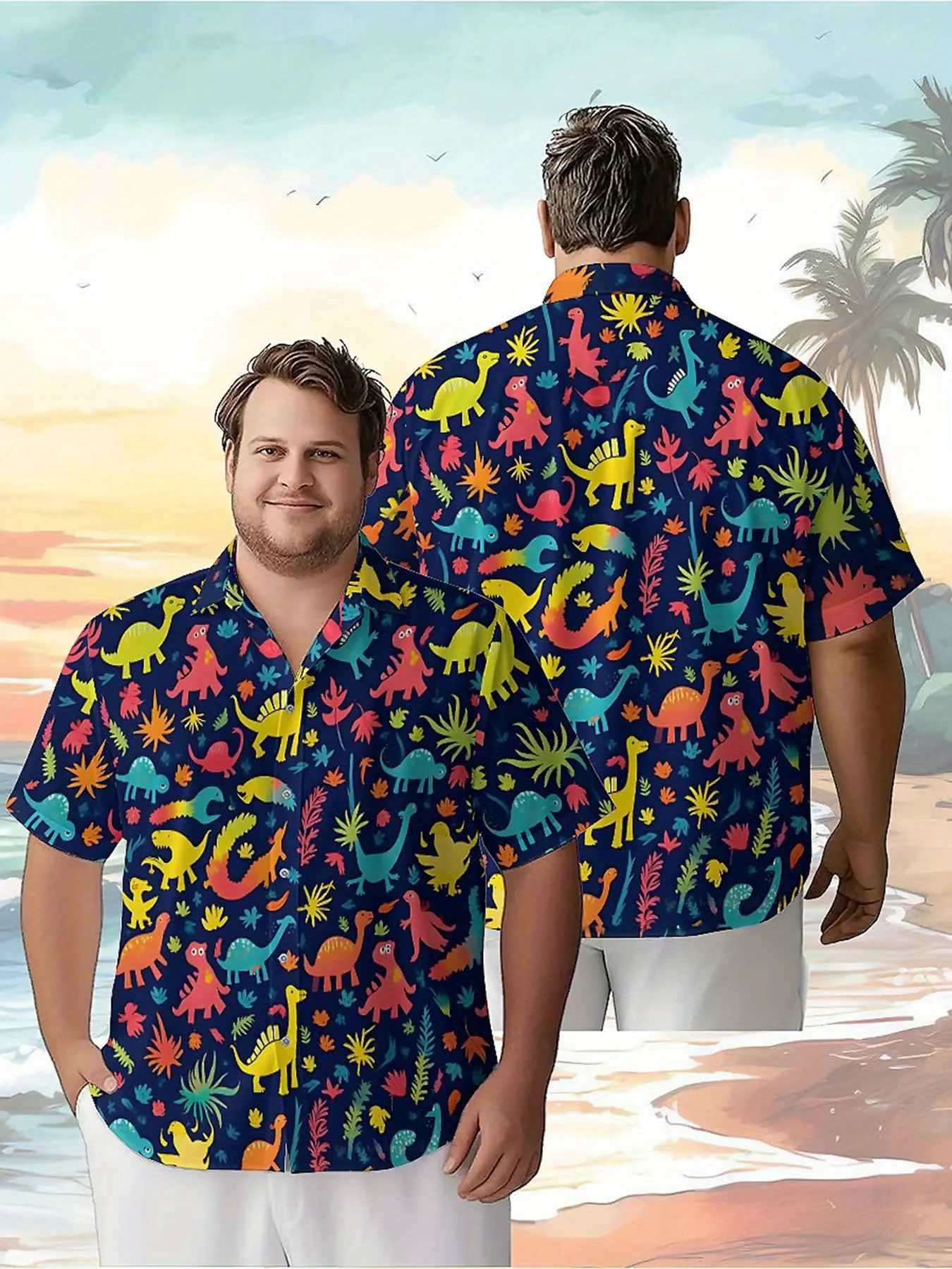 

Men's Plus Size Hawaiian Shirts Colorful Dinosaurs pattern, Button Up Shirts, Unisex Casual Clothing, Summer Tops