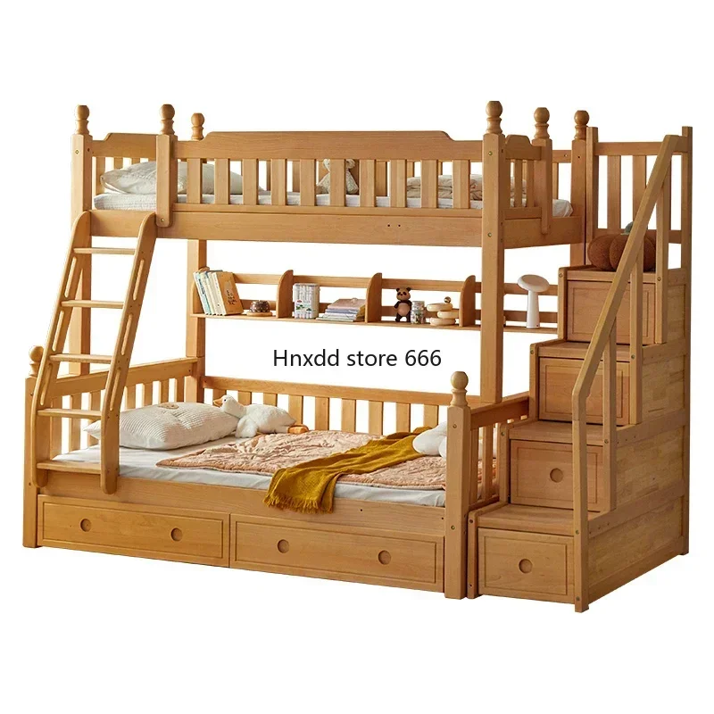 Solid wood double-layer high and low mother and child bed