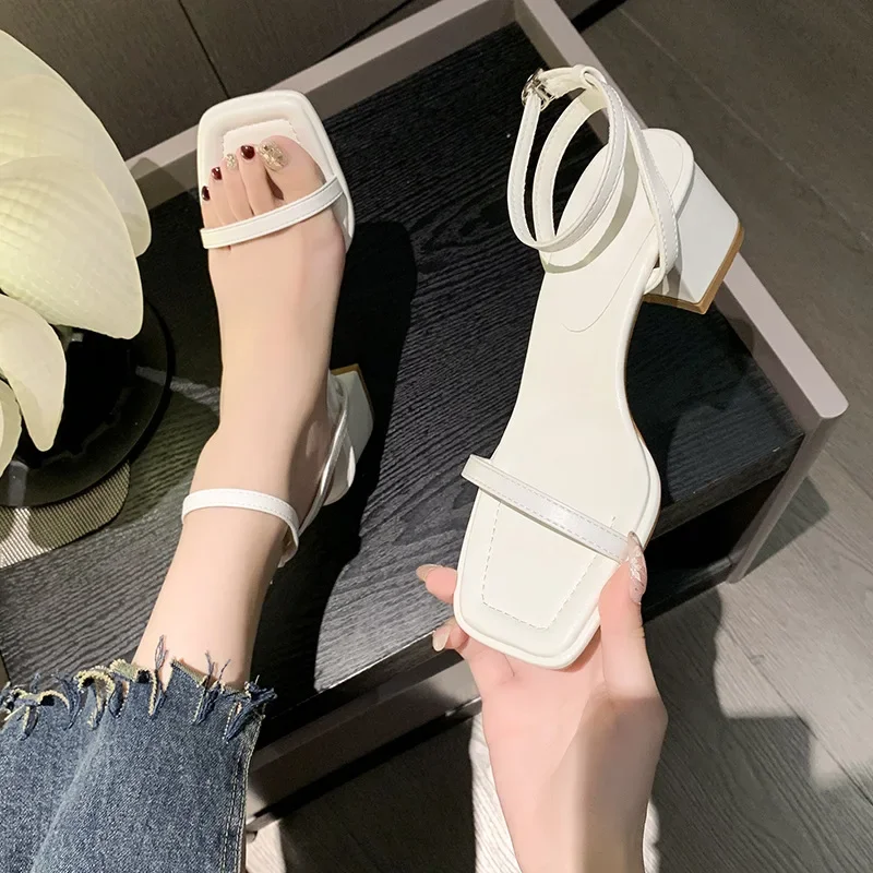 2024 Black Woman Ankle Strap Sandals Leather Open Toe High Heels Shoes Sexy Buckle Party Pumps Shoe Size 40