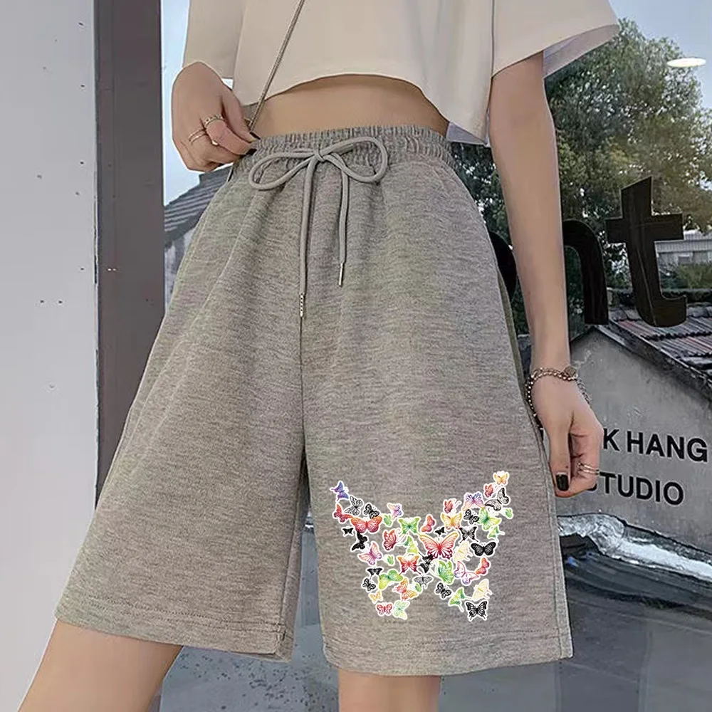 Women's Fashion Casual Shorts Butterfly Print Series Street Women Loose Shorts Students Harajuku Elastic Band Gray Cropped Pants